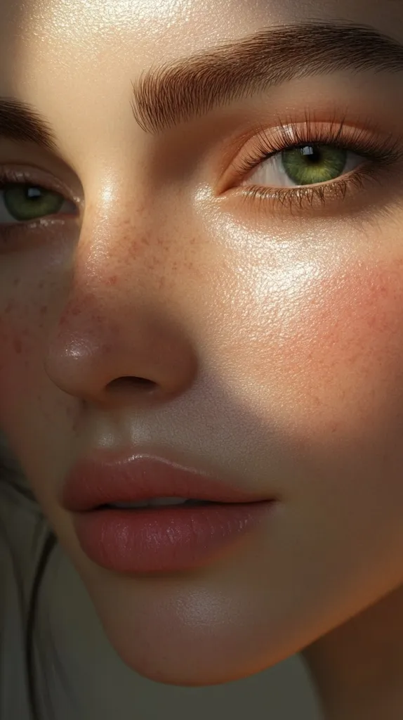 The image shows a close-up of a woman's face. Her skin is smooth and glowing, with a soft focus. Her eyes are large and bright, with long eyelashes and green irises. Her lips are full and pink, and her eyebrow is arched and defined. The light catches her skin, creating a soft, ethereal glow.  The overall impression is one of beauty and innocence.