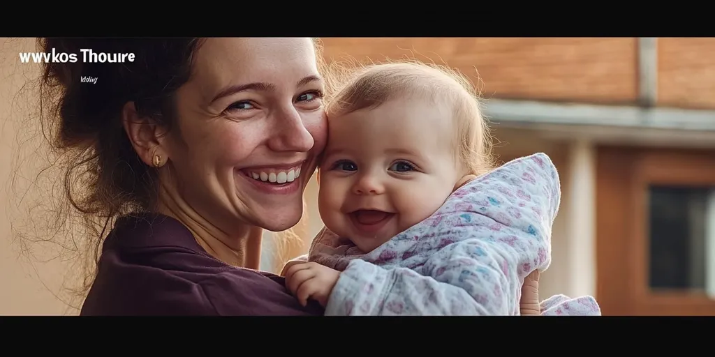 A woman with long, brown hair is holding a baby in her arms. The woman is smiling widely, and the baby is also smiling. The woman is wearing a dark purple shirt, and the baby is wearing a white and pink blanket. The background is blurry, but it appears to be a wooden building. The woman and the baby are looking at each other, and they seem to be very happy.  The image is warm and inviting, showing the joy of motherhood.