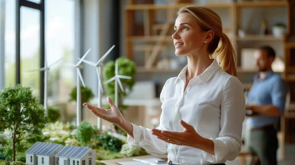 A woman in a white shirt gestures toward a miniature model of a green city with windmills and solar panels. She looks thoughtful and hopeful, perhaps envisioning a sustainable future. The model sits on a table in front of a large window, suggesting a bright and optimistic outlook. The background shows a man working in the office, highlighting the collaborative nature of this project.  The image conveys a sense of progress and innovation in renewable energy solutions.