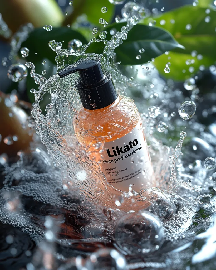 A bottle of "Likato Likato professional" product is submerged in a water splash. The bottle is mostly submerged, with only the top and part of the label visible. The water is sparkling and creates a dynamic and refreshing scene. The background is blurred, suggesting the bottle is in a natural setting.