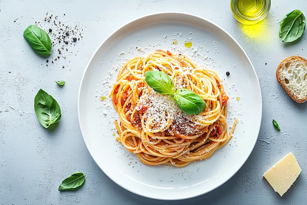 A plate of spaghetti with tomato sauce, topped with grated parmesan cheese and a sprig of fresh basil. The plate is surrounded by scattered basil leaves, black peppercorns, and a piece of bread. There is also a small bowl of olive oil in the background.  The simple presentation makes the dish look fresh and inviting.