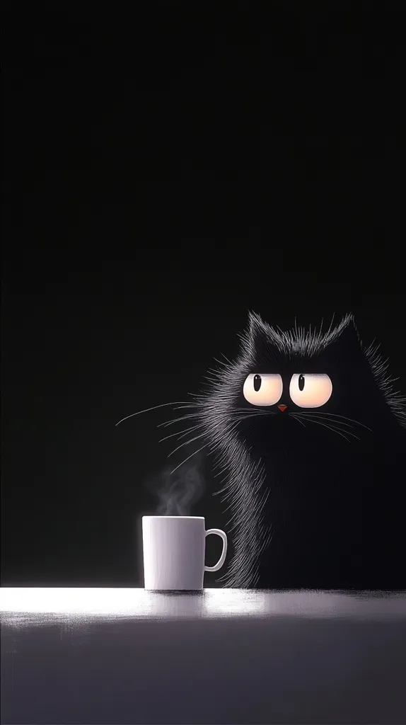 A black cat with large eyes stares at a steaming cup of coffee on a white table. The cat has a furry black coat and a slight smirk on its face. The background is dark and mysterious, creating a whimsical and charming scene.  The image suggests a quiet moment of contemplation and enjoyment.