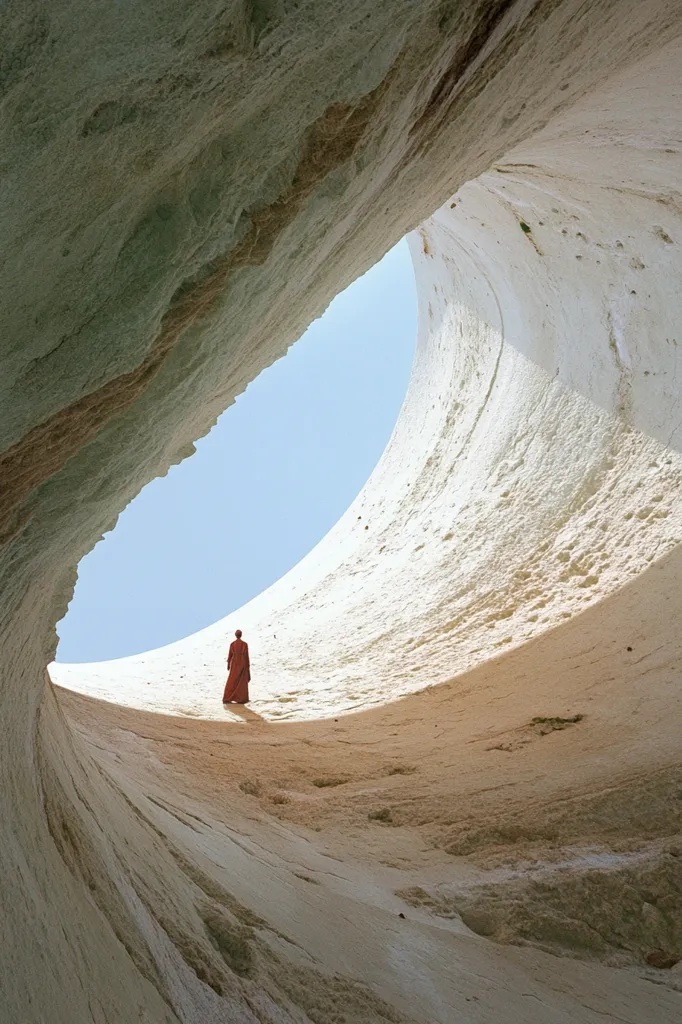 A lone figure in a red robe walks towards a distant light, dwarfed by the immense white walls of a cave. The sky is a pale blue, visible through the opening at the top of the cave. The ground is a dusty beige, and the walls are textured with striations and bumps.  The image has a sense of isolation and mystery.