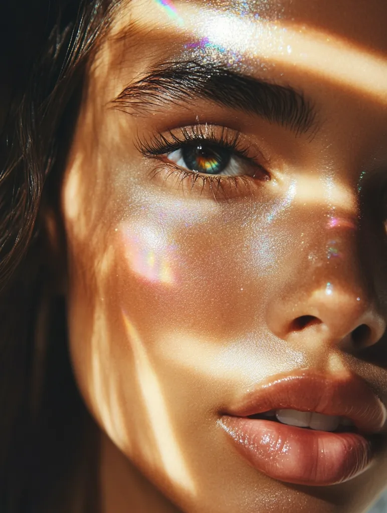 A close-up of a woman's face, illuminated by sunlight. The light creates a shimmering effect on her skin, highlighting her features. Her eyes are captivating, with a deep brown iris and long eyelashes.  Her lips are full and glossy, adding to her natural beauty. The image captures a moment of pure radiance and serenity.