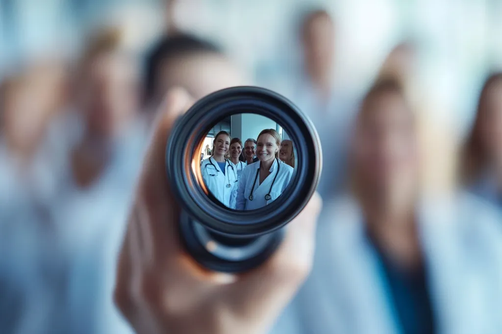 A camera lens captures a group of doctors smiling and looking directly at the viewer.  The camera is held by a hand, and the rest of the group is blurred out in the background.  The doctors are all wearing white coats and have a professional and friendly demeanor.  The image focuses on the importance of healthcare and the dedication of medical professionals.