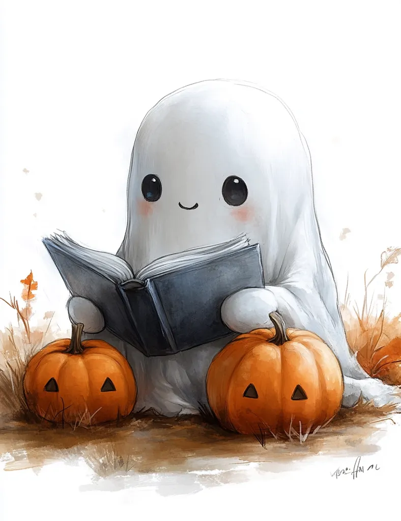 A cute, cartoon ghost sits in a field of autumn leaves, surrounded by pumpkins.  It is reading a book and smiling. The image is drawn in a soft, watercolor style. The ghost has large, black eyes and a sweet expression. The pumpkins are plump and orange, and the leaves are a mix of red, yellow, and brown. The image is warm and inviting.
