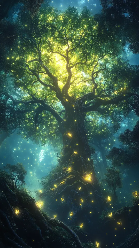 A large, ancient tree stands tall in a mystical forest, its branches reaching towards a starry sky. The tree is adorned with glowing, ethereal lights, resembling fireflies or fairy lights. The forest floor is shrouded in darkness, with only the faint glow of the lights illuminating the scene. The atmosphere is magical and dreamlike, suggesting a hidden world of wonder and enchantment.