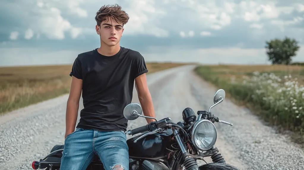 A young man in a black t-shirt and blue jeans sits on a black motorcycle. He looks directly at the camera with a serious expression. The motorcycle is parked on a gravel road in a rural setting, with a field of green grass and a single tree in the background. The sky is cloudy and overcast.  The image evokes a sense of adventure and freedom.