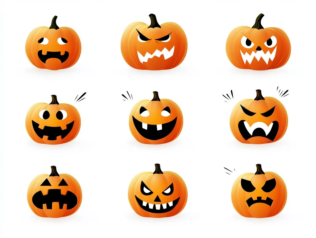 Nine jack-o'-lanterns with different expressions are arranged in three rows of three. They have various facial expressions, including happy, angry, scared, and surprised. They are all carved with black eyes, noses, and mouths, giving them a playful and spooky appearance. The pumpkins are all bright orange and have a glossy finish. They are set against a white background.