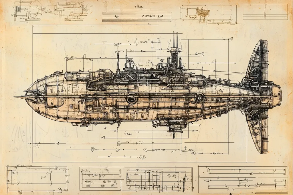 The image shows a detailed blueprint of a steampunk submarine. The submarine is drawn in profile, with intricate details of its internal machinery, propellers, and other components. The blueprint is overlaid with a grid system and numerous measurements, indicating that it is a technical drawing for construction purposes. The paper appears to be aged and worn, suggesting that this is a historical document.  The submarine's design features a long, streamlined hull, multiple propellers, and a complex network of pipes and gears, suggesting a powerful and technologically advanced vessel.  The blueprint suggests a world of advanced engineering and imaginative design.