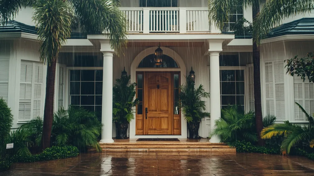 A large white house with a wooden door stands under a palm tree. Rain falls on the porch and the surrounding pavement, creating puddles. The house has a white railing and multiple windows with white shutters. There are potted plants on either side of the door and lush green foliage surrounding the house.  The scene evokes a sense of peace and tranquility.