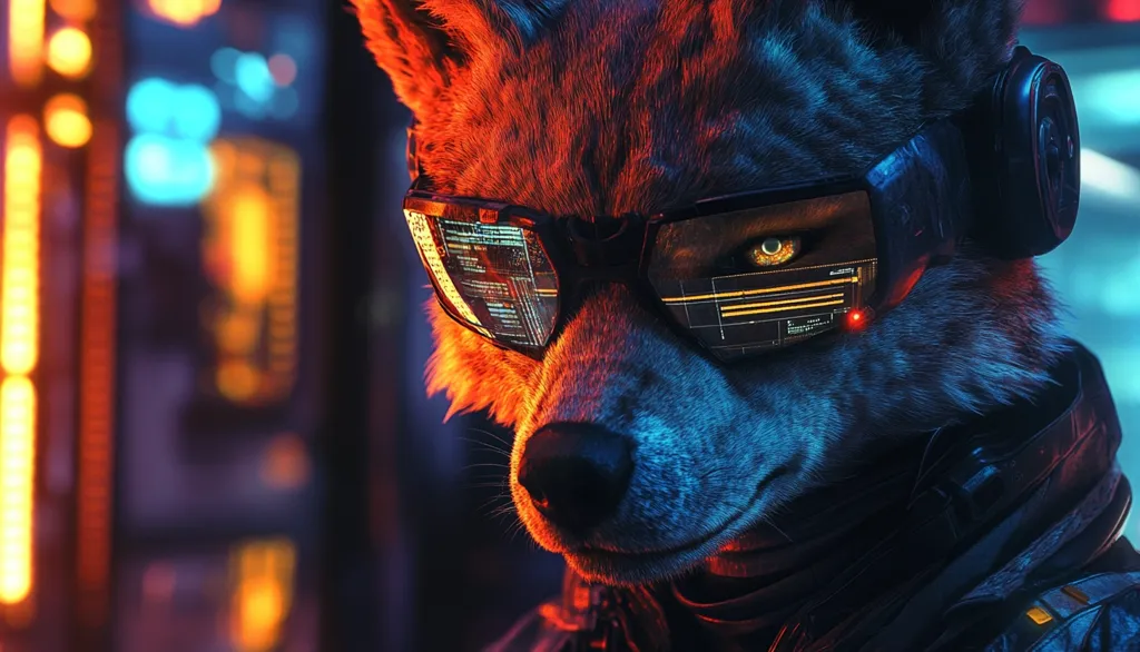 A wolf-like creature with glowing yellow eyes peers out from behind futuristic glasses. Its fur is a mix of blue and orange, highlighted by neon lights in the background. The creature wears a black helmet and has a serious expression, conveying a sense of mystery and danger. The image has a cyberpunk aesthetic, with a focus on technology and urban environments.