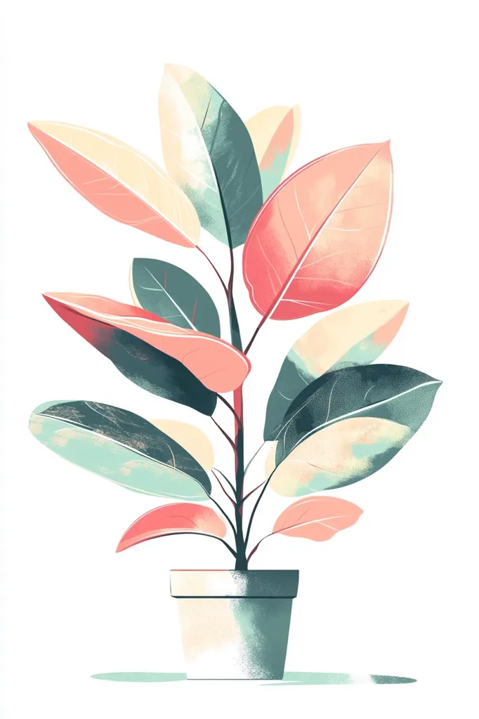 A stylized illustration of a potted plant with large leaves in shades of pink, green, and yellow. The leaves are painted with a watercolor effect, giving a soft, dreamlike feel to the image. The plant is depicted against a white background, making its vibrant colors pop out.  The plant is in a simple white pot, adding to the minimalist aesthetic of the illustration.