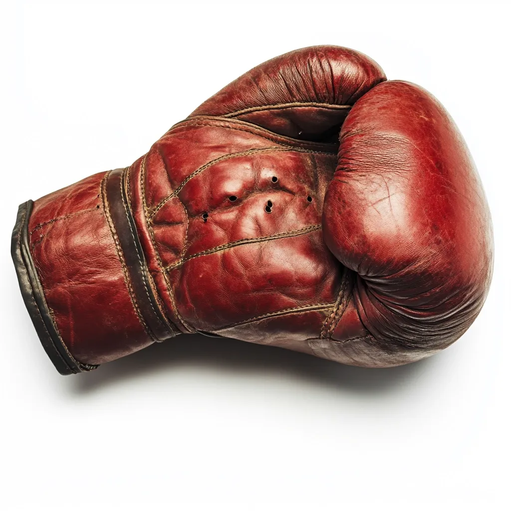 A worn-out, red leather boxing glove lies flat on a white background. Its surface is textured with wrinkles and stitching, showing signs of age and use. The glove's shape is slightly flattened, giving an impression of its history in the boxing ring.  The worn leather and  the glove's position create a sense of a past fight.