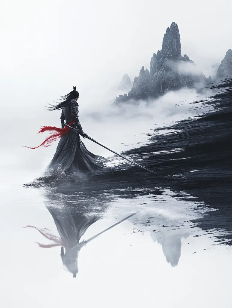 A lone warrior in black clothing and a red sash stands on a misty plain, facing a mountain range. They hold a sword, and their reflection is visible in the still water. The image has a minimalist and ethereal aesthetic, evoking a sense of tranquility and solitude.  The stark contrast between the black and white elements creates a striking visual impact.  The fog-shrouded mountains add to the sense of mystery and intrigue.