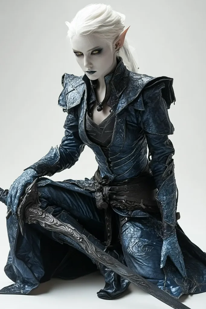 A woman with long white hair, pointed ears, and dark makeup is dressed in a blue, leather-like costume with intricate detailing. She is sitting with a sword lying across her legs, her expression is intense and her gaze is focused. The image has a fantasy or cosplay feel and the lighting is dramatic.