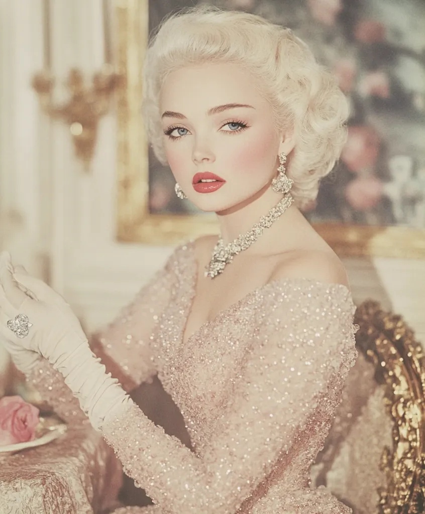 A young woman with platinum blonde hair styled in a classic updo. She is wearing a delicate pink gown covered in sequins, a diamond necklace and matching earrings. The image has a soft, vintage aesthetic, with a focus on the woman's elegant features and luxurious attire. The background is blurred, drawing attention to her.