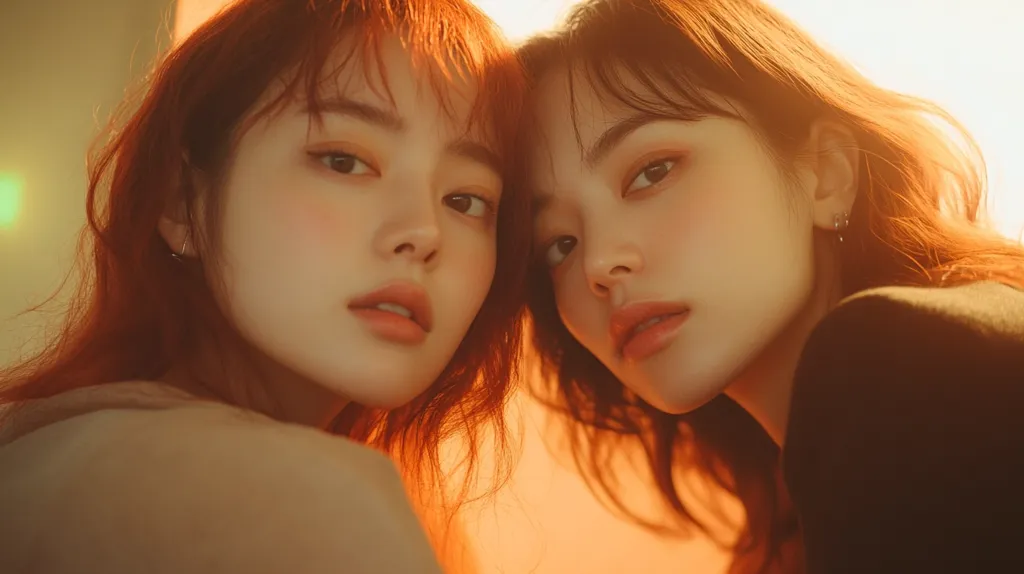 Two young women with long dark hair are looking directly at the camera. They are positioned side-by-side, their faces close together, creating a sense of intimacy. The lighting is warm and soft, casting a golden glow on their skin.  Their expressions are subtle, hinting at a shared secret or a deep connection.  The overall mood is one of quiet contemplation and closeness.