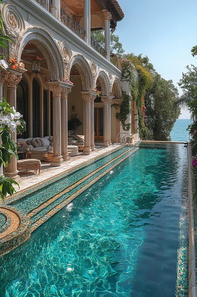 A luxurious mansion with ornate arches and columns overlooks a sparkling pool. The water is a vibrant turquoise, rippling gently in the sun. The pool is lined with intricate mosaic tiles, and the surrounding patio is adorned with lush greenery. The scene evokes a sense of opulence and tranquility, offering a glimpse into a life of comfort and luxury.