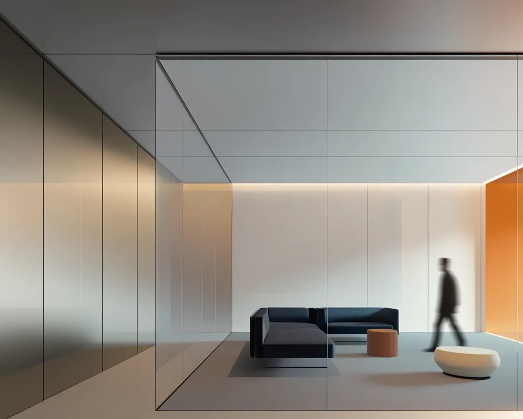 The image shows a modern, minimalist interior with a large, L-shaped sofa and a round ottoman in the center of the room. The walls are white with an orange wall on the far right. The room is viewed through a glass partition, revealing a blurred figure walking towards a door. The design is sleek and contemporary, with a focus on clean lines and simplicity.  The lighting is soft and diffused, creating a calming atmosphere.