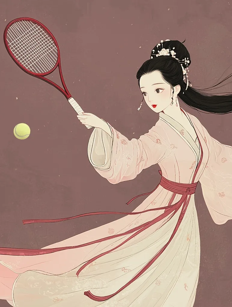 The illustration depicts a young woman dressed in a traditional Chinese robe, with long black hair and delicate features. She holds a tennis racket, about to hit a yellow ball, which is floating in mid-air.  Her graceful pose and flowing robe suggest a moment of elegant motion. The background is a soft, muted brown, creating a serene and timeless atmosphere.  This whimsical image blends traditional aesthetics with a modern sport, showcasing a unique and charming fusion of styles.