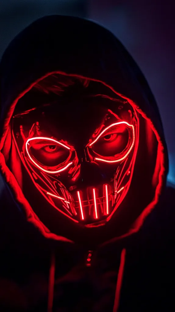 A person is wearing a black hooded sweatshirt and a red neon skull mask. The mask is glowing brightly, and the person's face is obscured. The image is dark and mysterious, with only the red neon light illuminating the subject. The mask appears to be made of a hard plastic material and features sharp edges, creating a menacing and intimidating appearance.  The person's eyes are hidden behind the mask, which adds to the sense of anonymity and danger.  The overall mood of the image is dark and ominous.
