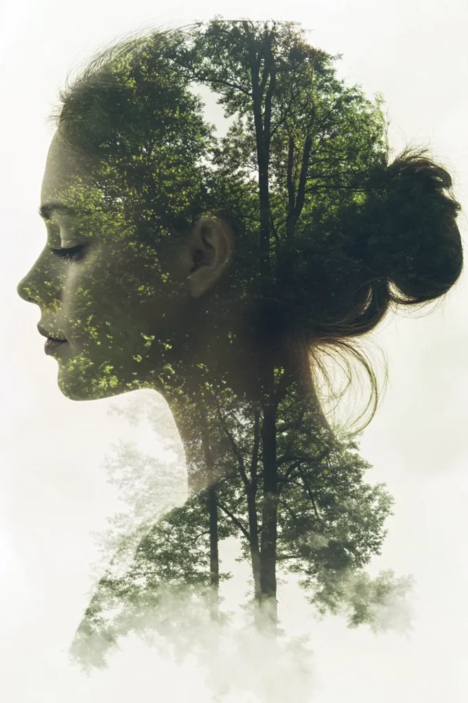 The image is a double exposure of a woman's profile and a lush green forest. The woman's face is partially obscured by the trees, creating a sense of mystery and connection to nature. The image evokes a feeling of peace and tranquility, suggesting a harmonious relationship between humanity and the natural world. The soft lighting and blurred background further enhance this ethereal mood.