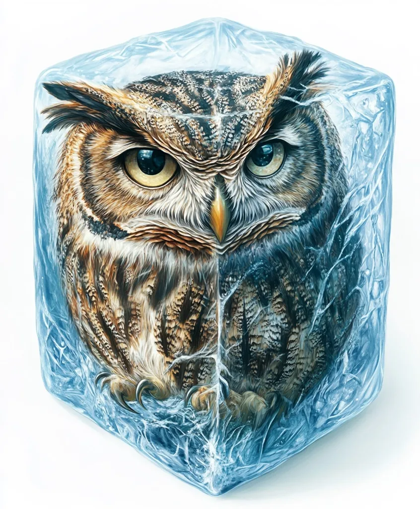 A brown and white owl is frozen inside a block of ice. The owl's eyes are open and staring directly at the viewer. The ice is clear and transparent, showing the owl's feathers and talons in detail. The background is white, providing a stark contrast to the owl's brown and white plumage. The image is a realistic depiction of a frozen owl, perhaps symbolizing the stillness and beauty of nature.