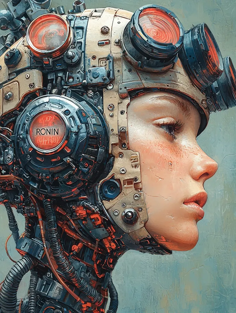 A close-up portrait of a cyborg woman, her face partially obscured by a intricate mechanical helmet with glowing red lenses and wires. The helmet is labeled "RONIN" and features a complex network of pipes and gears. The woman's expression is soft and melancholic, hinting at a human soul trapped within a metallic shell. The background is a faded blue, emphasizing the contrast between the organic and artificial elements.  The image evokes a sense of futuristic dystopia and the potential consequences of technological advancement.