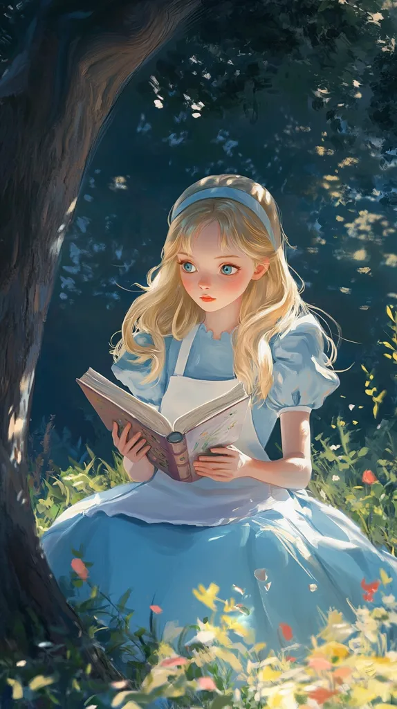 A young girl with long blonde hair sits under a tree, dressed in a light blue dress. She is holding an open book in her lap and gazing thoughtfully into the distance. The scene is bathed in soft light, with a gentle breeze rustling through the leaves and flowers blooming in the foreground. The image evokes a sense of peace and tranquility.