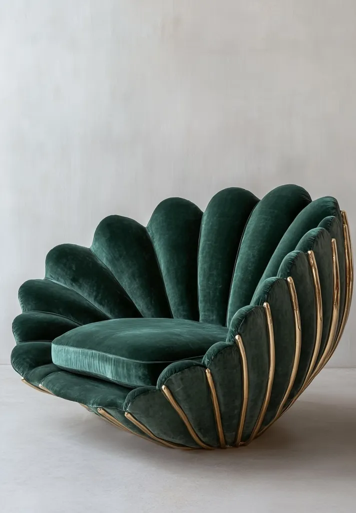A luxurious, emerald green velvet armchair shaped like a seashell. The chair is accented with gold, giving it a glamorous look. It sits on a white, minimalist floor, creating a striking contrast. The chair exudes a sense of elegance and comfort.