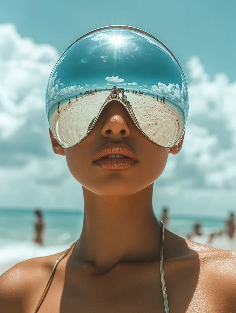 expressive fashion photo of a woman wearing feminine beach wear and who has his head is a perfectly shaped sphere made of reflective chrome of the beach with many people reflection, --ar 3:4 --c 10 --s 250 --v 6.1