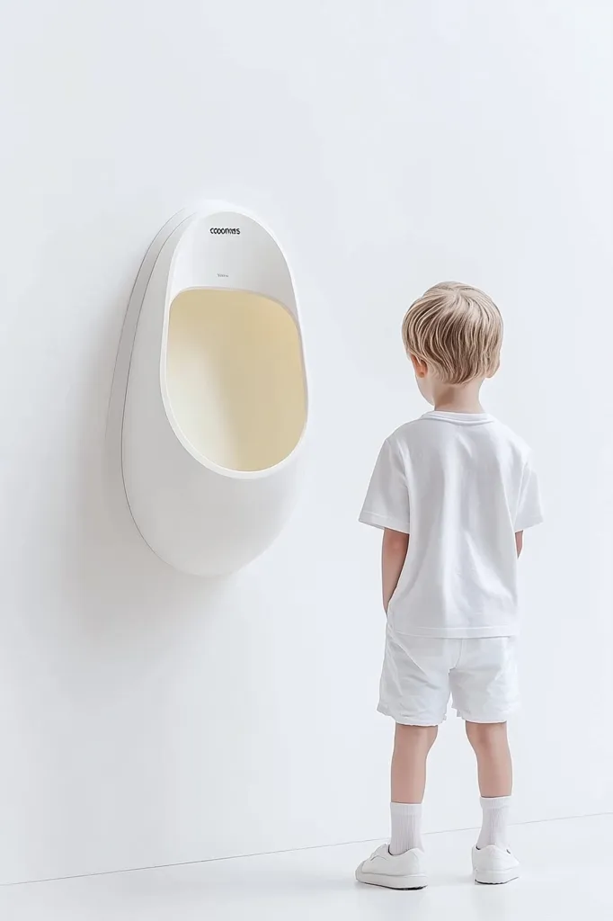 A young boy in a white t-shirt and shorts stands in front of a white urinal. The urinal is attached to the wall and is shaped like a smooth, rounded egg. The boy's back is to the viewer, and he looks at the urinal with a slight frown. The background is a plain white wall. The image has a minimalist aesthetic with clean lines and a focus on the shapes of the objects.