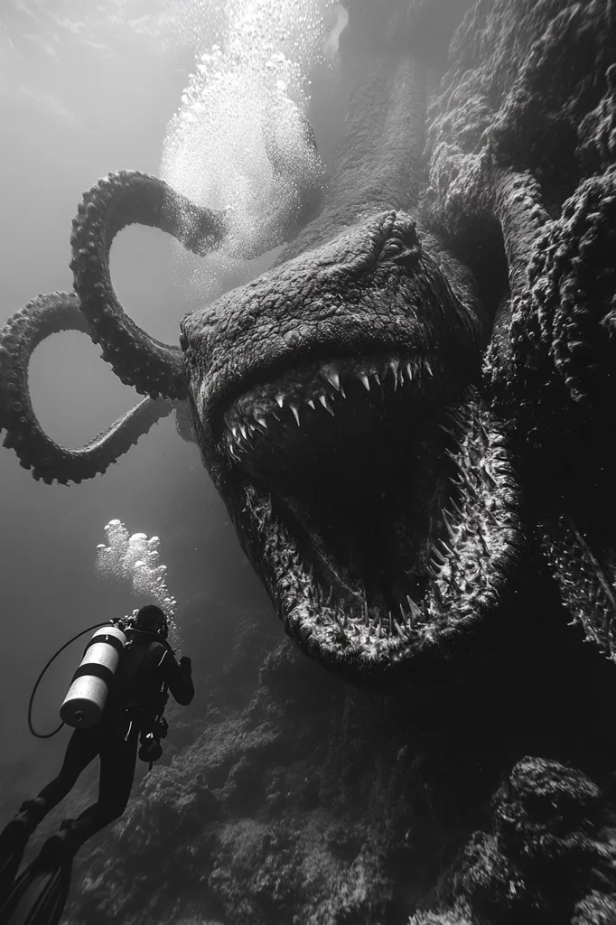 A diver in scuba gear swims towards a colossal, monstrous creature with a gaping maw filled with sharp teeth. The creature's tentacles extend behind it, and the image is in black and white, creating a sense of ominous depth. Bubbles rise from the diver's regulator and the creature's mouth.