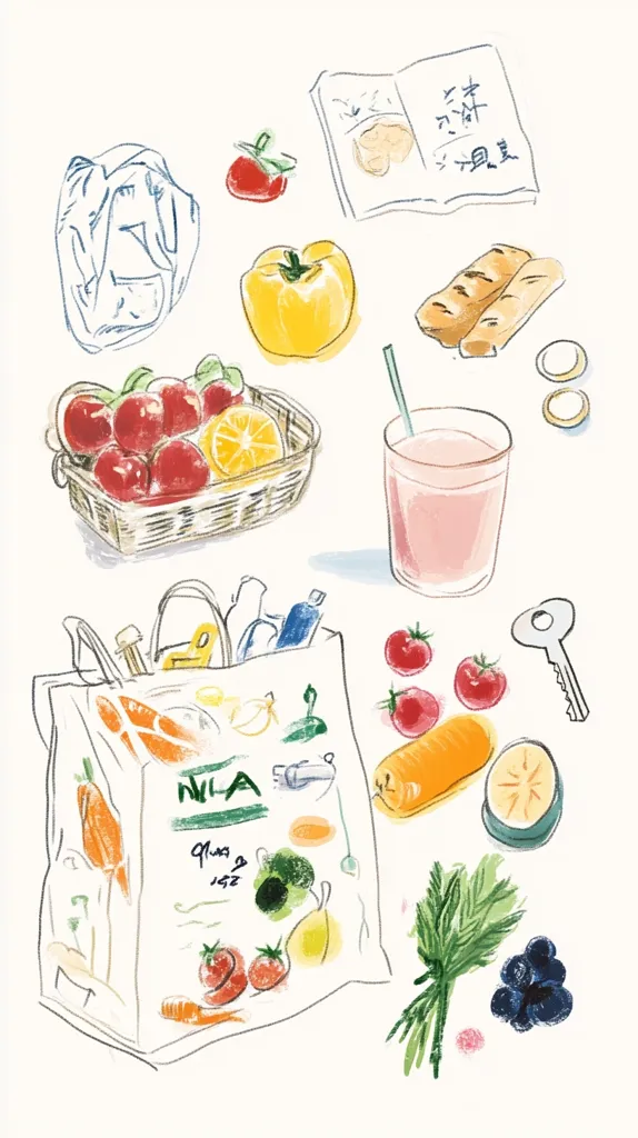 The image depicts a colorful still life with various grocery items, including a yellow bell pepper, tomatoes, a basket of fruit, a bag of groceries, a glass of juice, bread, and a sprig of green herbs.  The items are scattered across a white background, creating a whimsical and cheerful scene.  There are also keys, rings, and a handwritten notebook present.  The image is drawn in a loose, sketchy style with vibrant colors.
