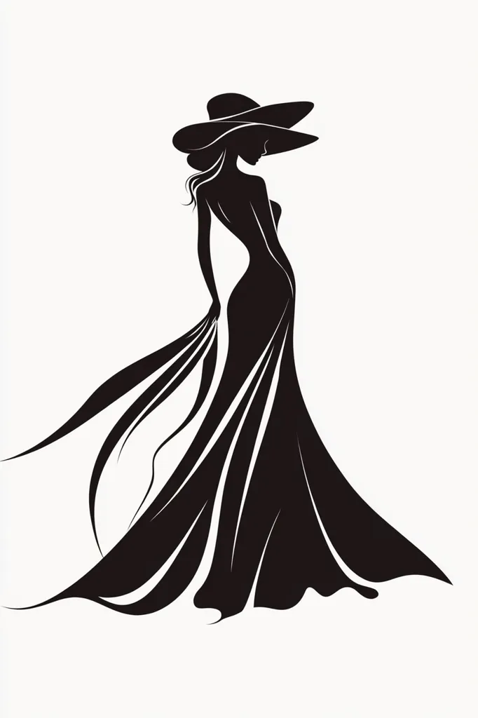The image is a black and white silhouette of a woman in a long dress and a hat. Her hair is styled in a loose bun, and she appears to be standing in a graceful pose with her dress flowing behind her. The image is minimalist and elegant, showcasing the beauty of the human form through a simple design.