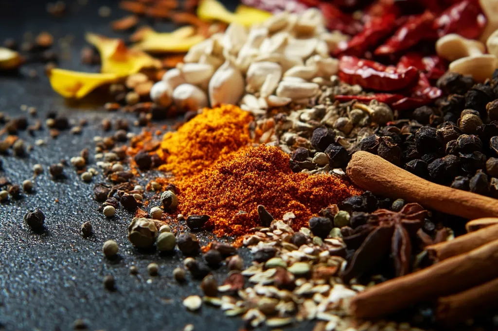 A close-up image of various spices, including black peppercorns, dried chili peppers, cinnamon sticks, star anise, turmeric powder, and other unidentified spices. The spices are arranged in a row on a black surface, creating a vibrant and colorful display. The image highlights the rich and diverse world of spices.