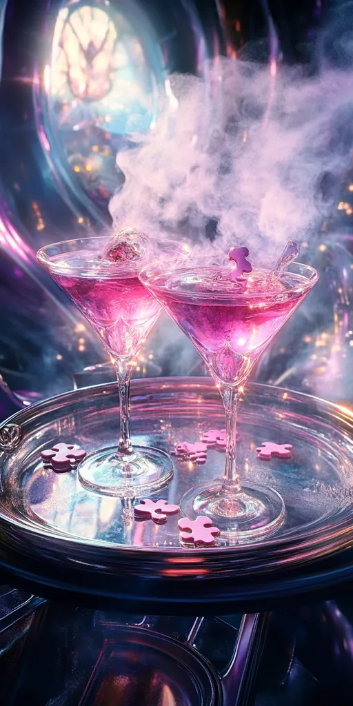 Two martini glasses filled with pink liquid sit on a silver tray with pink puzzle pieces. The glasses are on a dark metallic surface, and a thick cloud of white smoke surrounds the scene. A blurry background reveals an intricate futuristic interior with glowing lights.  The image evokes a sense of mystery and glamour.