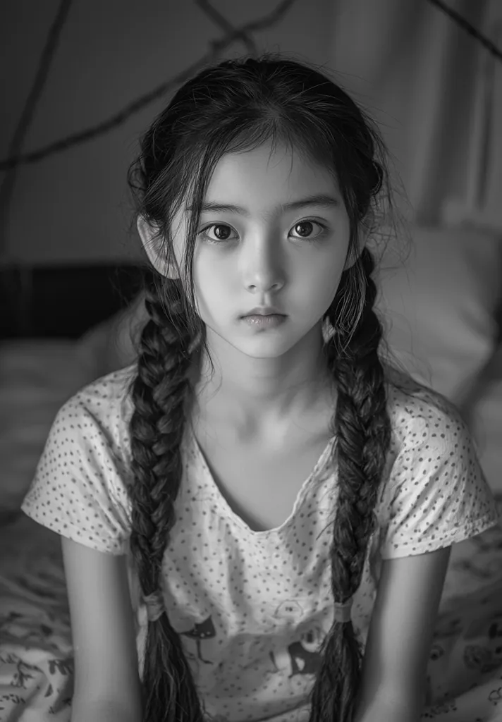 A young girl with long, braided hair looks directly at the camera with a serious expression. She is wearing a white, polka-dot shirt and sitting on a bed. The photo is in black and white, giving it a classic and timeless feel.  Her dark eyes seem to hold a story, and her lips are slightly parted as if she is about to speak. The overall mood is one of quiet introspection.