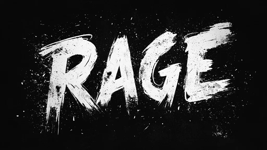 The word "RAGE" is written in large, white, brushstroke lettering against a black background. The letters are bold and expressive, with a rough, textured quality. The background is covered in a subtle pattern of white dots, adding to the overall sense of energy and intensity. The image evokes a feeling of raw power and untamed emotion.