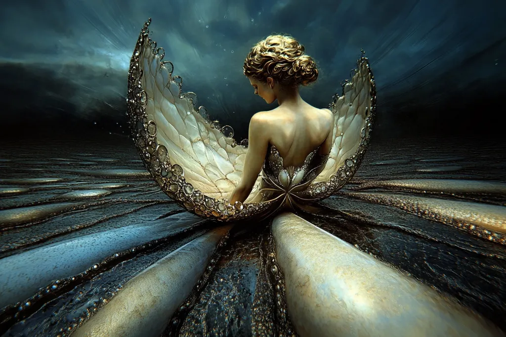A woman with long blonde hair sits inside a large, shimmering, white and gold shell.  She is wearing a white dress with a floral design.  The shell rests on a dark, textured surface that resembles water.  The background is a dark, stormy sky.  The image has a fantastical and ethereal quality.