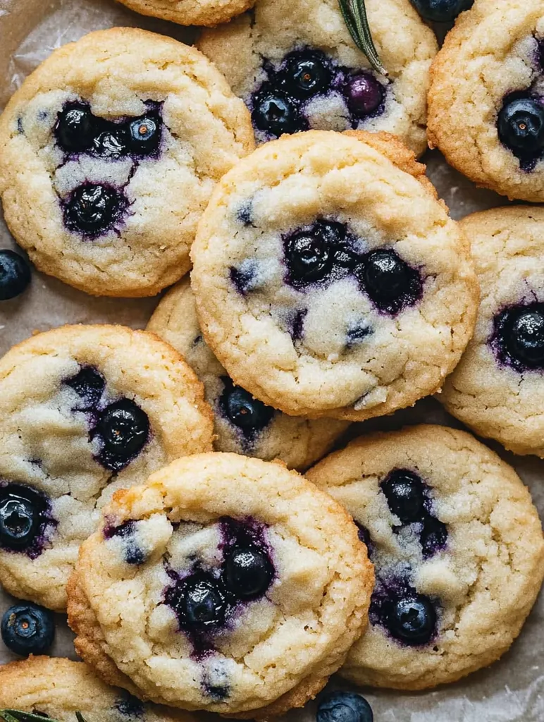 A close-up image of a plate of freshly baked blueberry cookies. The cookies are round and golden brown, with a soft, chewy texture. The blueberries are juicy and plump, adding a burst of flavor and sweetness. The cookies are arranged in a pleasing pattern on a white parchment paper, inviting you to take a bite.