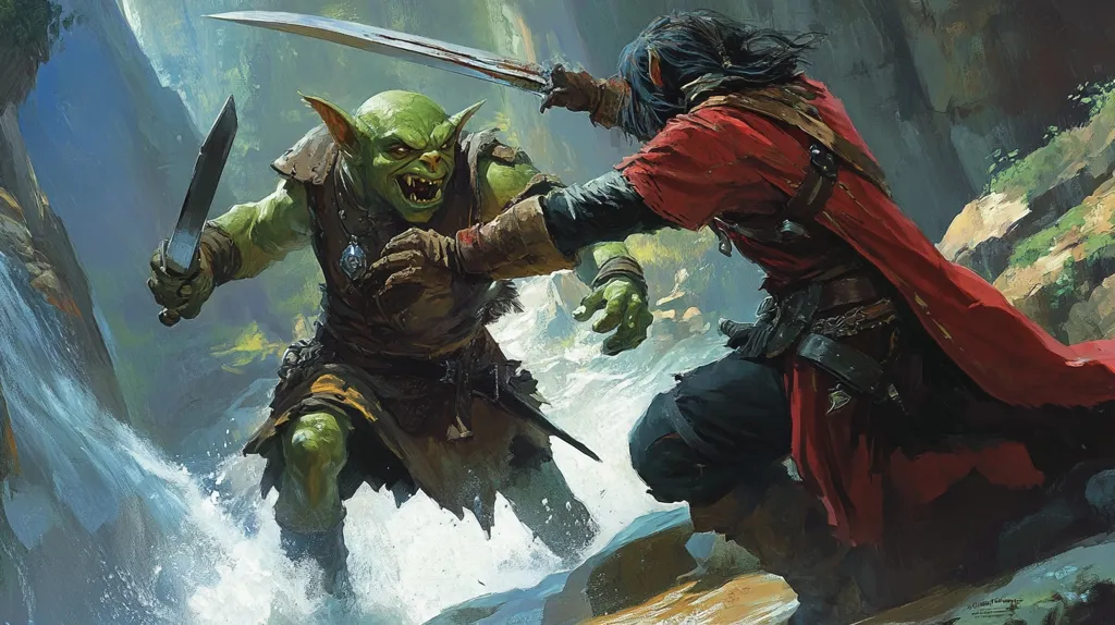 A green goblin with a dagger in his hand, faces a human warrior in a red cloak who is wielding a sword. They are both in a dynamic pose, engaged in a fierce battle, the goblin's expression is menacing and the human warrior looks focused and determined. The scene is set in a rocky, forested environment with a rushing stream.  The image suggests a high-stakes conflict with a sense of urgency and danger.