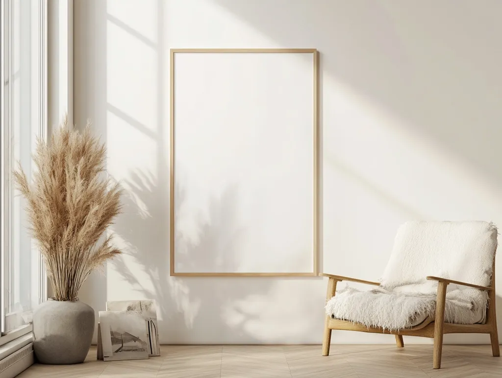 The image shows a minimalist living room with a large, empty picture frame hanging on the white wall. There is a fluffy armchair with a white sheepskin throw in the foreground. A large vase with dried pampas grass stands next to a stack of books on the wooden floor. Sunlight streams through a nearby window, casting shadows on the wall and floor. The room is clean and airy, with a simple yet stylish design.