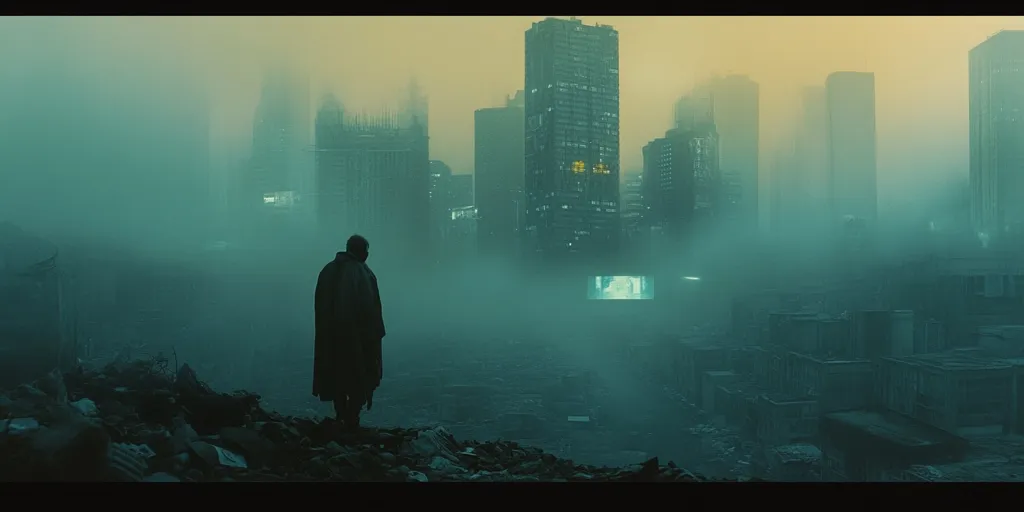 The image depicts a desolate, post-apocalyptic cityscape shrouded in a thick, green fog. A lone figure, silhouetted against the hazy skyline, stands on a pile of rubble, gazing at the distant towering structures. The once-grand buildings are now decaying and dilapidated, their windows shattered and their facades crumbling. The overall atmosphere is one of bleakness and despair, with a sense of the past lost and the future uncertain.