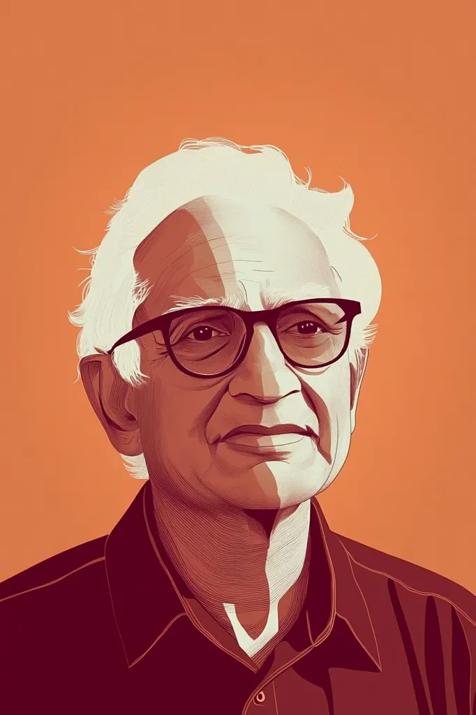 The image is a digital illustration of a man with white hair and a serious expression. He is wearing round glasses and a dark red shirt. His face is slightly shadowed, suggesting he is in dim lighting. The background is a solid orange. The overall style is minimalist and focused on the man's face and expression.  The image suggests a sense of contemplation and wisdom.
