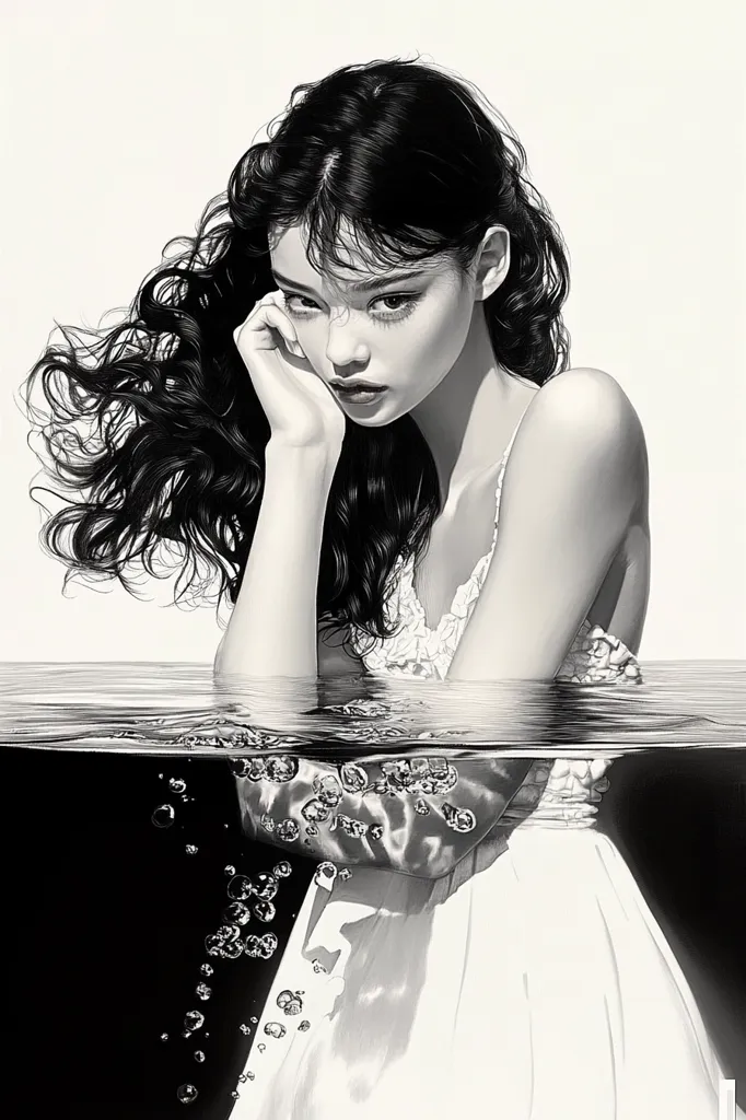 A black and white drawing of a woman with long, curly hair. She is looking down, her hand resting on her cheek. Her hair flows around her and her white dress drapes over her body. The image is cut off by a line of water, with bubbles rising from below.  The composition suggests a moment of contemplation or introspection.