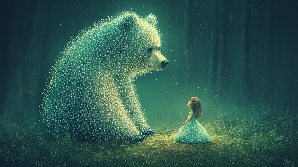 A young girl in a blue dress looks up in awe at a giant, glowing bear made of connected white dots. The bear is sitting on its haunches in a dark, forest setting. The image has a magical and whimsical quality.  Tiny white dots are scattered around, adding to the sense of wonder.  The scene feels both peaceful and mysterious.
