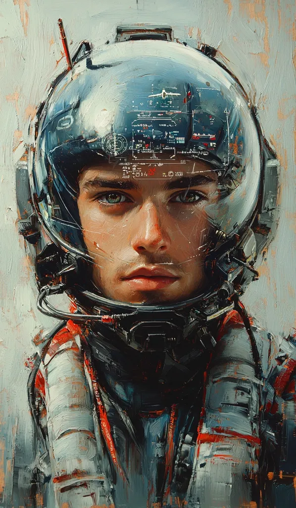 A close-up portrait of a young man wearing a futuristic helmet, with a digital display visible through the visor. The image is painted in a style that is both realistic and stylized, with bold brushstrokes and a sense of depth. The man's gaze is intense and focused, conveying a sense of determination and purpose. The overall mood of the painting is one of mystery and anticipation.