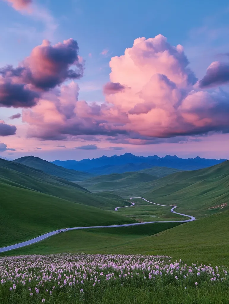 The image showcases a stunning landscape with rolling green hills, a winding road leading through the valley, and a breathtaking sky painted with vibrant pink and purple clouds. In the distance, a mountain range stands tall against the horizon, adding a sense of grandeur and perspective. The overall scene is serene and peaceful, evoking a feeling of tranquility and beauty.